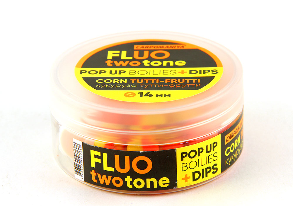 Плавающие бойлы FLUO two tone+DIPS с ароматом кукурузы-тутти фрутти 14мм 60г. (банка) 18 шт.