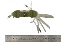 Нож мульти с компас.11 предметов металл +пластик зеленый 